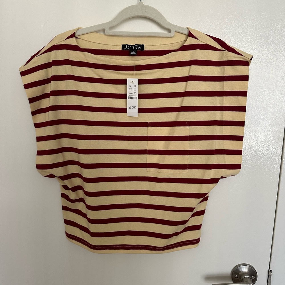 J. Crew Cream and Burgundy Striped Short Sleeve Tee